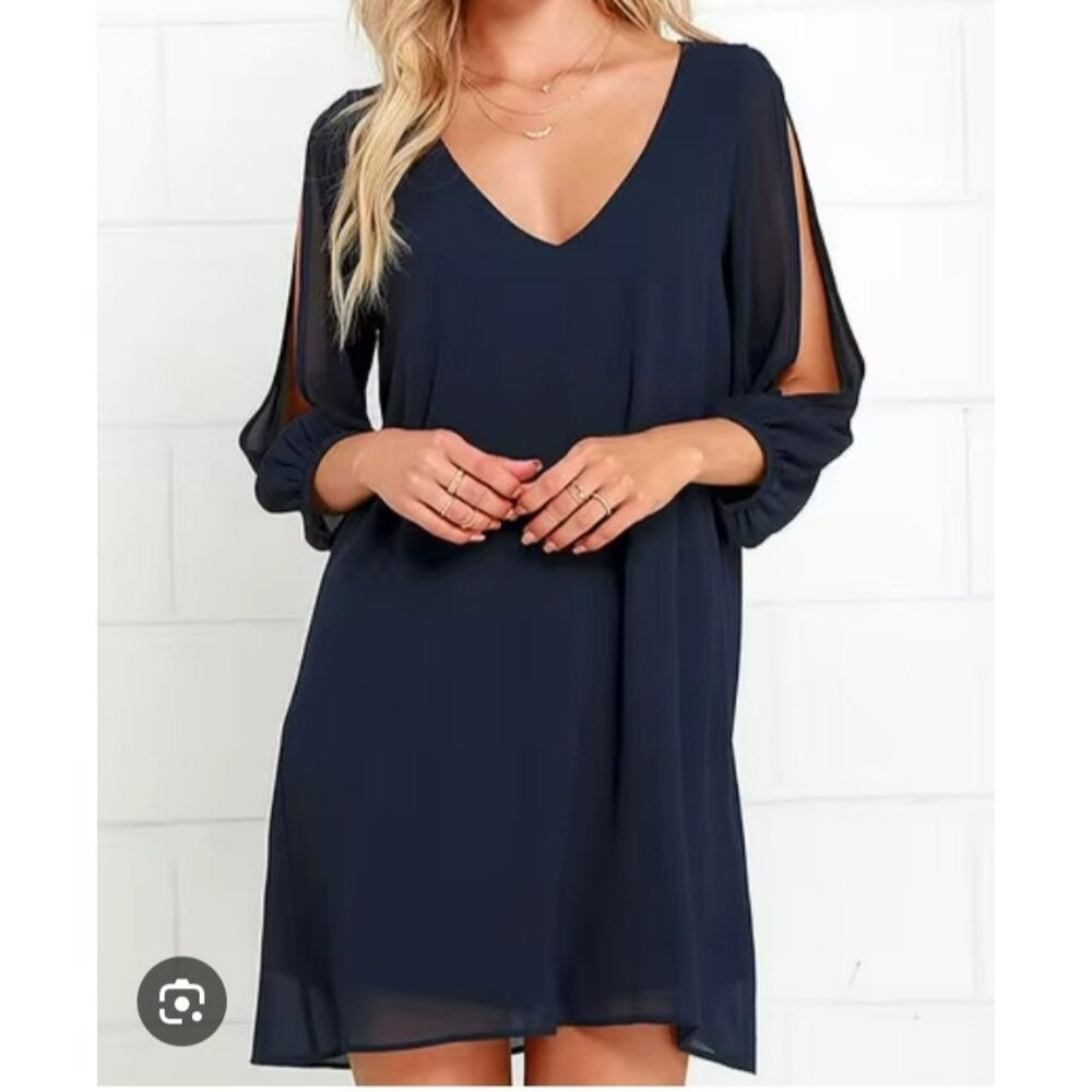 MY BELOVED Shifting Dears Navy Blue Long Sleeve Dress S Mini Womens